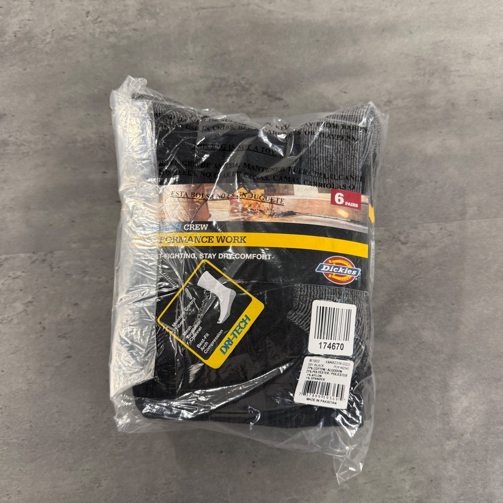 Dickies Socks Mens 6-12 Dri-Tech Performance Work Black Gray 6-Pair Pack NEW